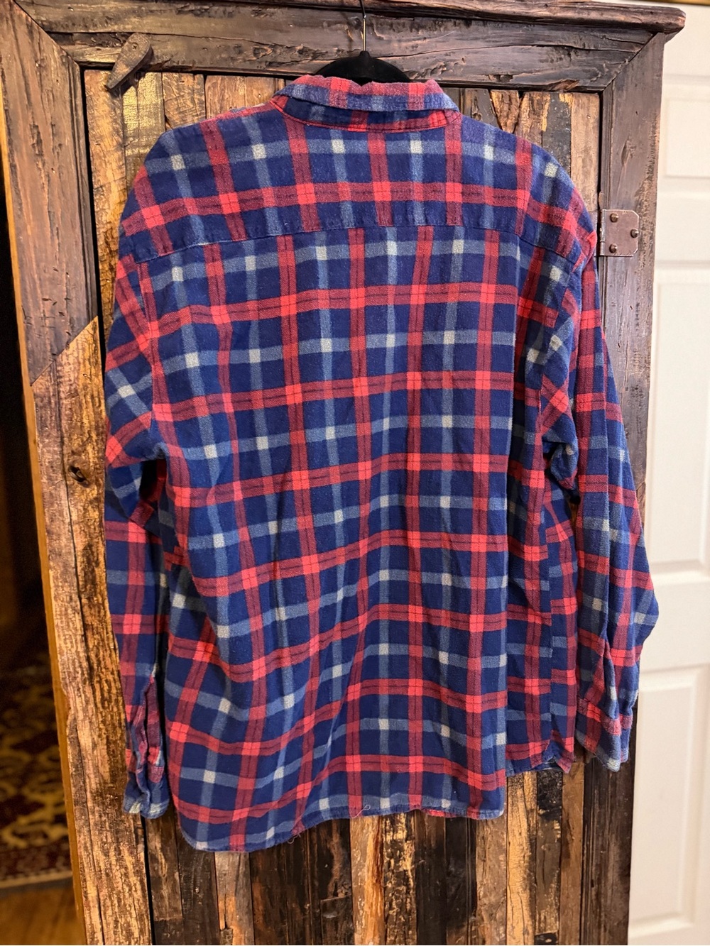 Vintage 90s Wilderness Flannel Shirt XL Blue Red Plaid Ramie Cotton Grunge - Picture 2 of 6